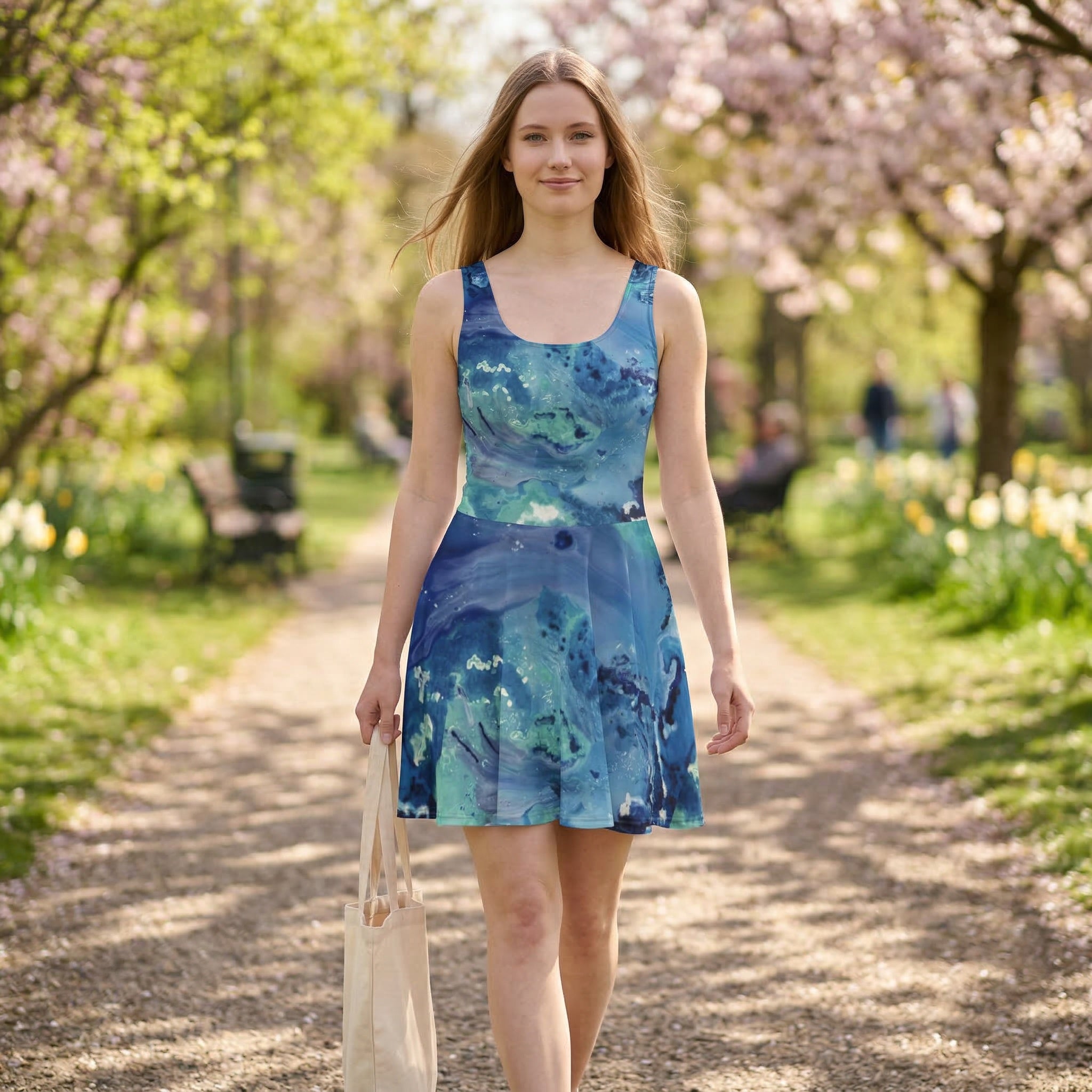 Blue Ocean Abstract Art Skater Dress – Teal & Navy Wearable Art Dress, Flowy Coastal Summer Dress