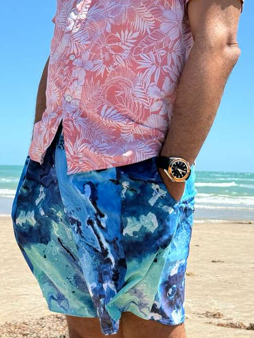 Artistic Blue Ocean Abstract Swim Shorts – Modern Coastal Pattern Trunks