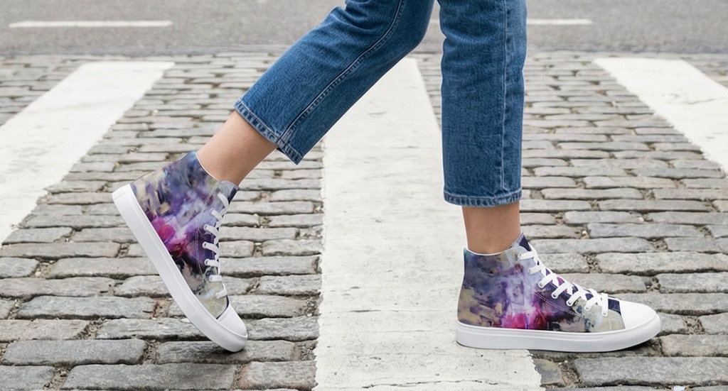 Abstract Art High Top Sneakers – Colorful Pattern Canvas Shoes, Artistic Streetwear Sneakers for Women