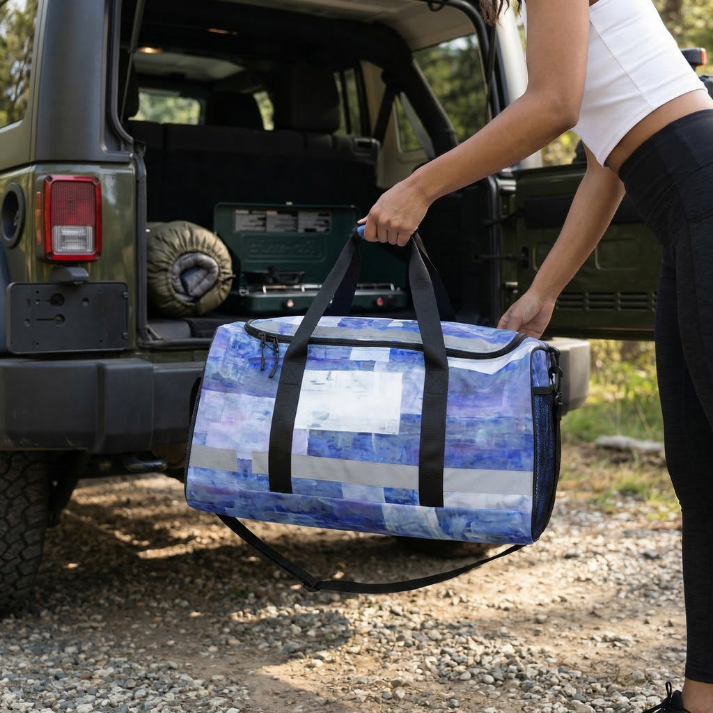 Blue Abstract Travel Duffel Bag, Artistic Weekender Bag, Modern Ocean Art Gym Bag, Carry-On Travel Bag, Unique Sports Bag