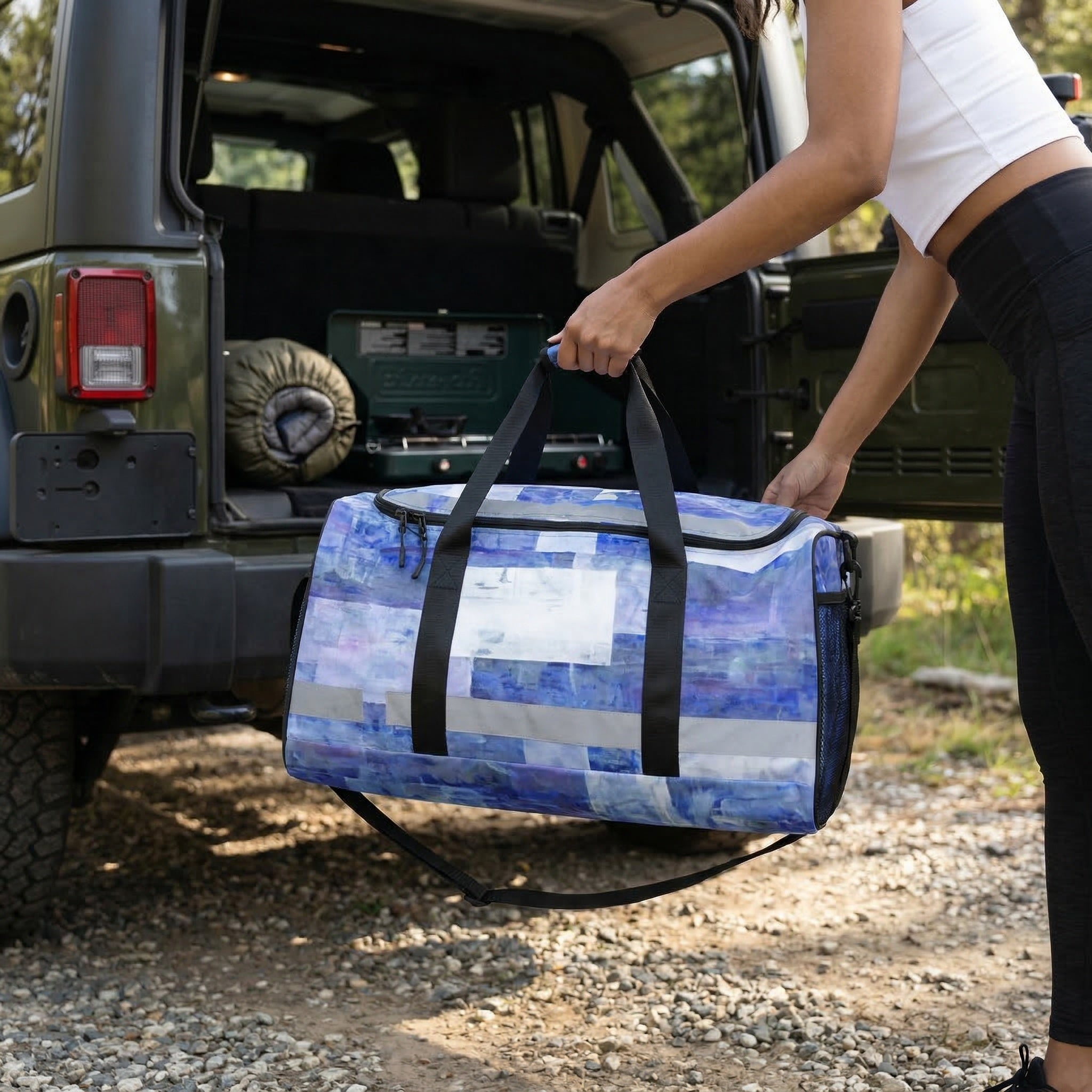Blue Abstract Travel Duffel Bag, Artistic Weekender Bag, Modern Ocean Art Gym Bag, Carry-On Travel Bag, Unique Sports Bag