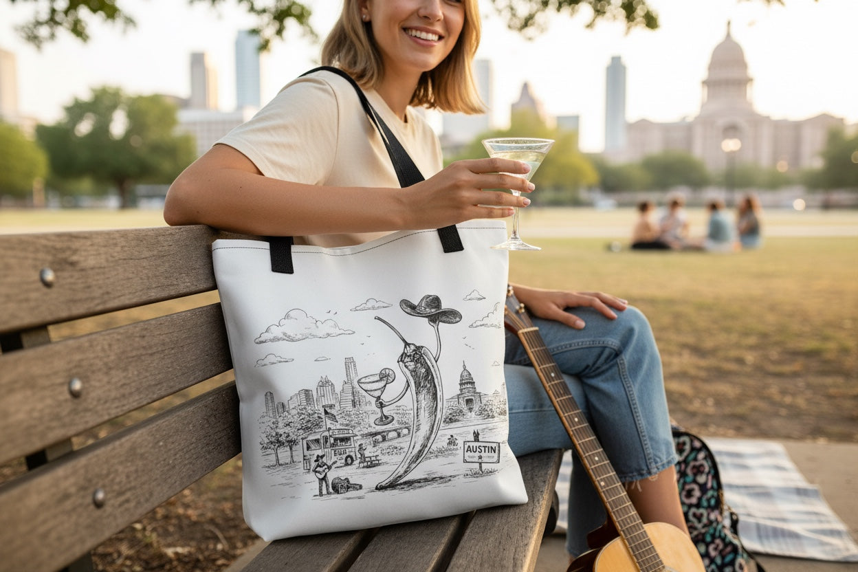 Austin Texas Tote Bag - Funny Chili Pepper Art, Reusable Shopping Bag