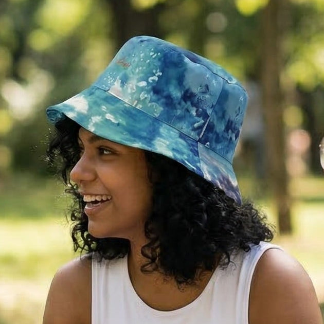 Blue Ocean Abstract Bucket Hat – Teal & Navy Artistic Coastal Print Hat, Unisex Streetwear Summer Hat
